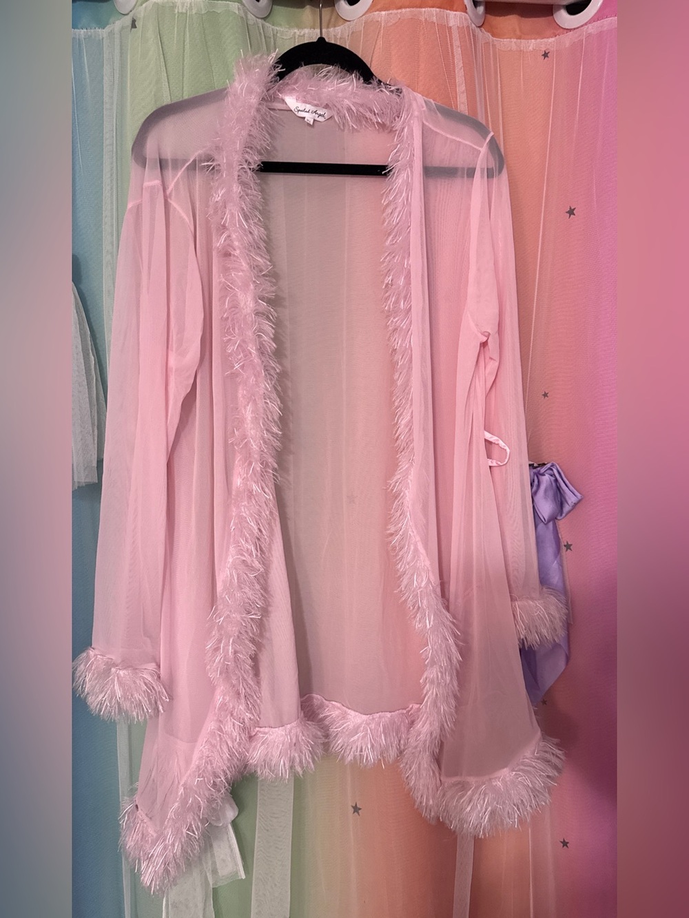 Sheer Feather Trim Robe - Pink Fuzzy Nightgown
